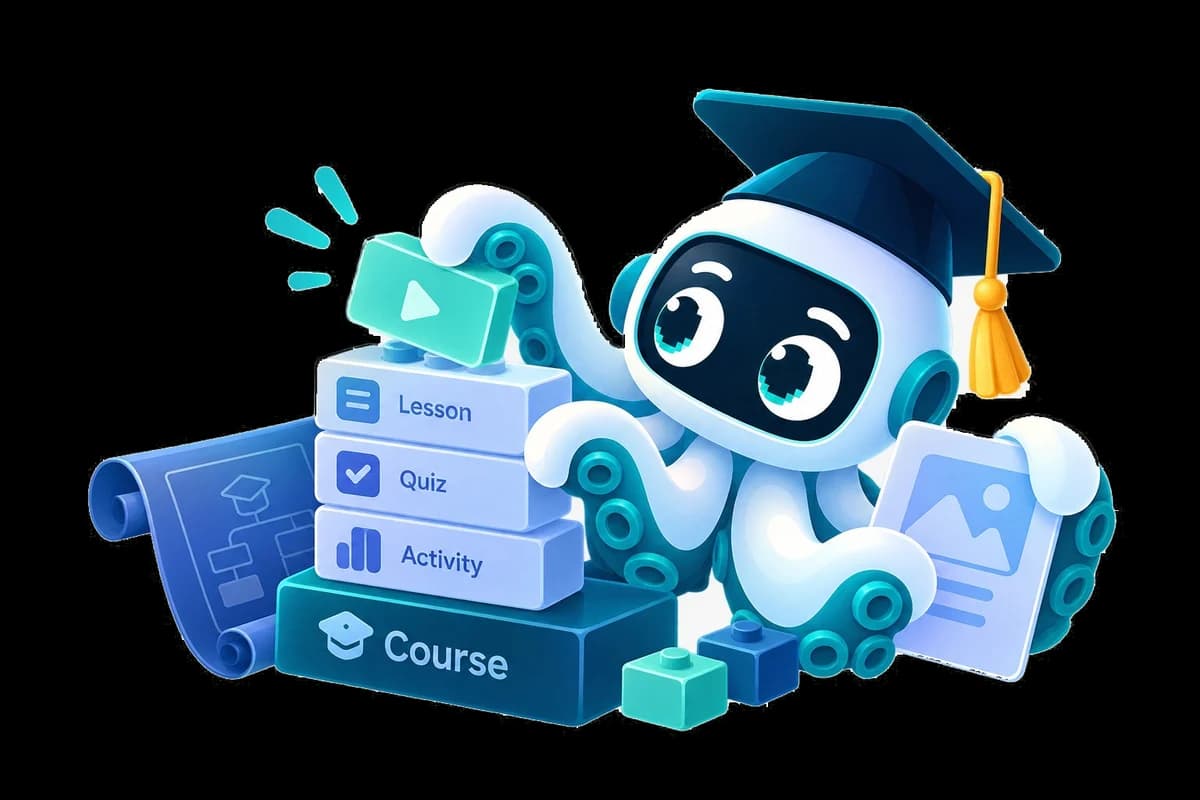 The Yalkut mascot stacking lesson, quiz, and activity blocks onto a course.